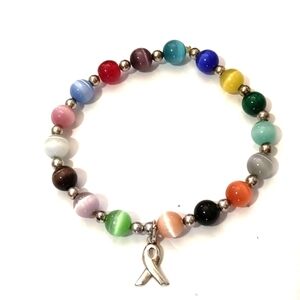 STERLING SILVER .925 CAT'S EYE/SOLID BEADED BREAST AWARENESS STRETCH BRACELET